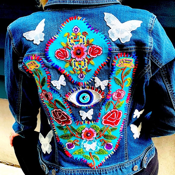 OOAK Hand Painted, Stitched & Embellished Denim Jacket - Picture 6 of 6